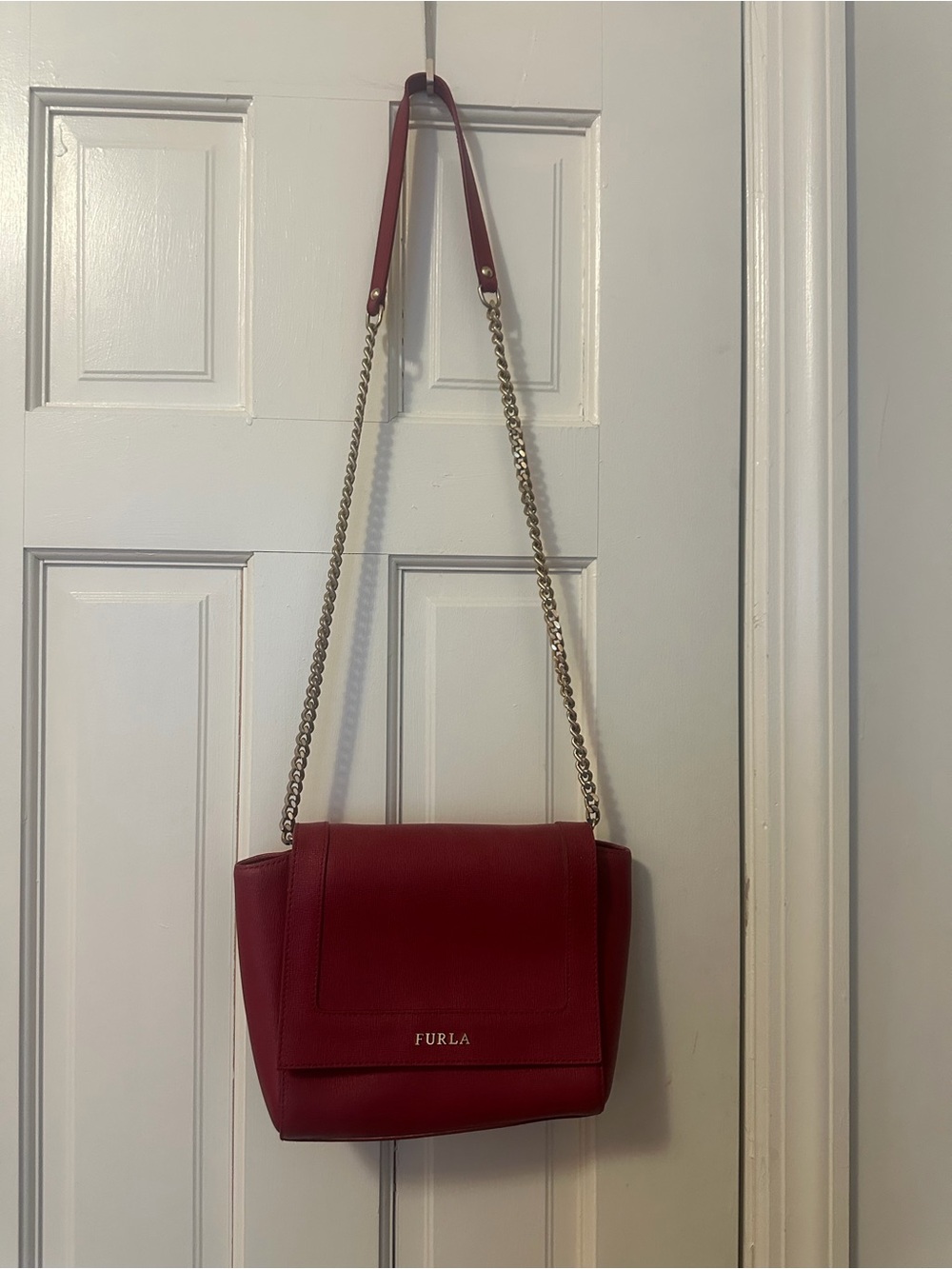 Furla Cherry Red Leather Shoulder Bag with Gold Chain